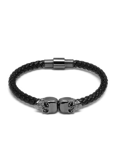 Black Nappa Leather / Twin Skull Bracelet