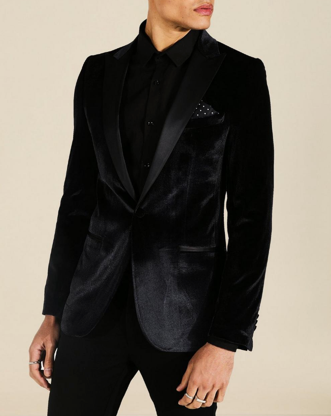 SKINNY VELOUR SATIN LAPEL SINGLE BREASTED BLAZER